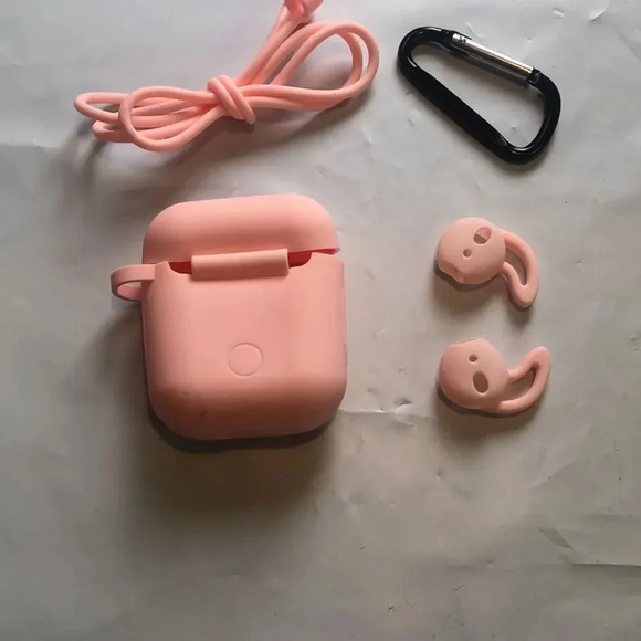AirPods 1/2 Case Cover Pink Full Protective Kit Lanyard Carabiner Ear Hooks - Picture 3 of 4